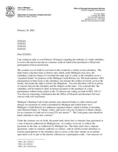 State of Michigan John Engler, Governor Department of Consumer & Industry Services Kathleen M. Wilbur, Director  Office of Financial and Insurance Services
