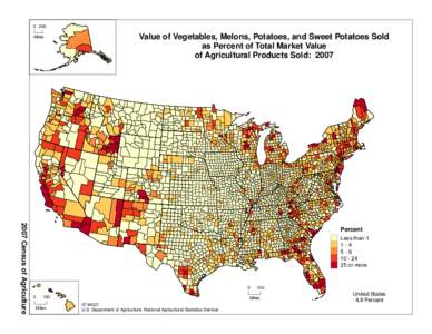0 200 Miles Value of Vegetables, Melons, Potatoes, and Sweet Potatoes Sold as Percent of Total Market Value of Agricultural Products Sold: 2007