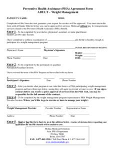 Preventive Health Assistance (PHA) Agreement Form ADULT – Weight Management PATIENT’S NAME: MID#: