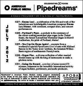 Michael Barone / Pipe dream / Pipe organ / Merrill Auditorium / Organ / Emma Lou Diemer / Sound / Media technology / Keyboard instruments / Pipedreams / Music