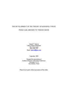THE DEVELOPMENT OF THE THEORY OF MONOPOLY PRICE: FROM CARL MENGER TO VERNON MUND