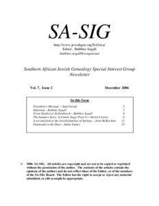 SA-SIG http://www.jewishgen.org/SAfrica/ Editor: Bubbles Segall