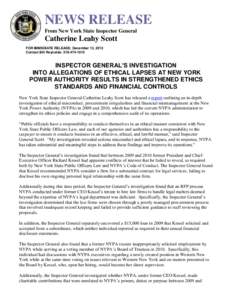 NEWS RELEASE From New York State Inspector General Catherine Leahy Scott FOR IMMEDIATE RELEASE: December 13, 2013 Contact Bill Reynolds: [removed]