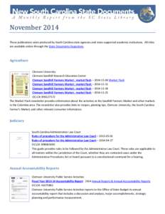 November[removed]These publications were produced by South Carolina state agencies and state-supported academic institutions. All titles are available online through the State Documents Depository.  Agriculture