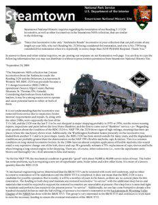 Steamtown National Historic inquiries regarding the restoration of our Reading T[removed]