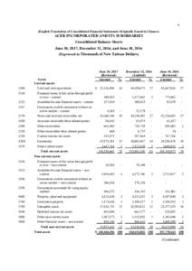 4 (English Translation of Consolidated Financial Statements Originally Issued in Chinese) ACER INCORPORATED AND ITS SUBSIDIARIES Consolidated Balance Sheets June 30, 2017, December 31, 2016, and June 30, 2016