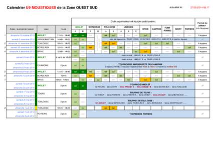 Calendrier U9 MOUSTIQUES de la Zone OUEST SUD  actualisé le : Clubs organisateurs et équipes participantes : ANGLET