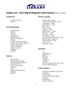 Subject List - Zinio Digital Magazine Subscriptions (Sept. 16, 2014) Architecture Chinese Language  Architectural Record