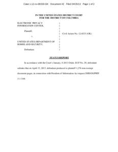 Case 1:12-cvGK Document 42 FiledPage 1 of 2  IN THE UNITED STATES DISTRICT COURT FOR THE DISTRICT OF COLUMBIA ELECTRONIC PRIVACY INFORMATION CENTER,