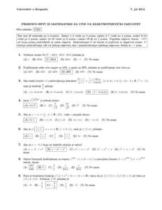 Univerzitet u Beogradu  7. julPRIJEMNI ISPIT IZ MATEMATIKE ZA UPIS NA ELEKTROTEHNIKI FAKULTET ²ifra zadatka: 17521