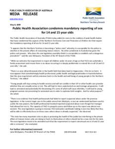 PUBLIC HEALTH ASSOCIATION OF AUSTRALIA  MEDIA RELEASE www.phaa.net.au  Northern Territory Branch