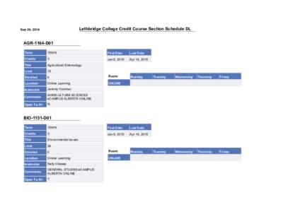 Lethbridge College Credit Course Section Schedule DL  Sep 24, 2014 AGR-1164-D01 Term