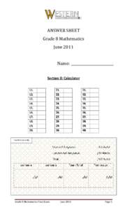 ANSWER SHEET Grade 8 Mathematics June 2011 Name: Section B: Calculator