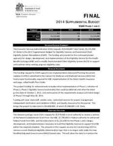 FINAL 2014 SUPPLEMENTAL BUDGET ESAR PHASE 1 AND 2 Request FTE GF-State