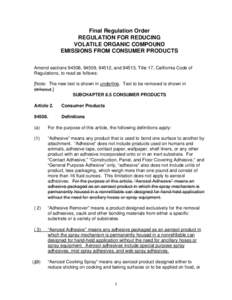 Rulemaking: [removed]Hearing Date Final Reg. Order Consider Adoption of Proosed Amendments to the California Consumer Products Regulation