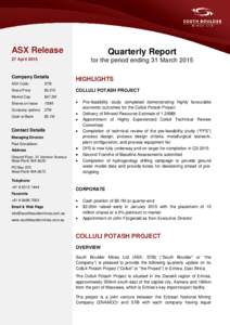 ASX Release  Quarterly Report for the period ending 31 MarchApril 2015