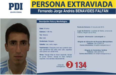 Fernando Jorge Andrés BENAVIDES FALFÁN Estatura: 1.53 mts. Tez: Blanca.Iris: Café. Contextura: Media. Eedad  .