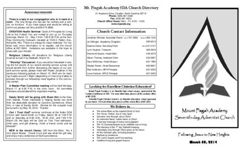 Mt. Pisgah Academy SDA Church Directory Announcements 21 Academy Drive, Candler, North Carolina[removed]Phone: ([removed]Fax: ([removed]