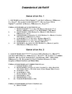 Descendants of Job Ratliff Generation NoJOB1 RATLIFF was born 1782 in Virginia1,2, and died in Florence, Williamson Co., Texas3,4. He married AGNES UNKNOWN5,6,7. She was born 1783 in Virginia8,9, and died in Flore