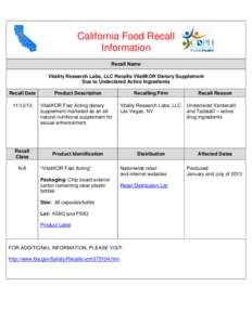 California Food Recall Information Recall Name Vitality Research Labs, LLC Recalls VitaliKOR Dietary Supplement Due to Undeclared Active Ingredients Recall Date