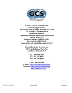 General Service Administration Federal Supply Service Authorized Federal Supply Schedule Price List FSC Group 81 Part I Section B Packaging Materials (Specialized Shipping and Storage Containers)