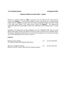For Immediate Release  19 September 2008 Disposal of Millennium Seoul Hilton – Update