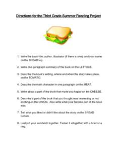 Directions for the Third Grade Summer Reading Project  1. Write the book title, author, illustrator (if there is one), and your name on the BREAD top. 2. Write one paragraph summary of the book on the LETTUCE. 3. Describ