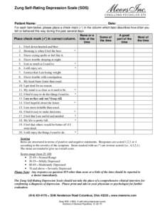 Zung Self-Rating Depression Scale (SDS)  Patient Name: _______________________________________ Date: __________________