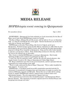 MEDIA RELEASE HOPEthiopia event coming to Quispamsis For immediate release Sept. 4, 2012