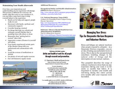 NIOSH Publication[removed], Managing Your Stress: Tips for Deepwater Horizon Response and Volunteer Workers