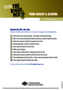 Your health & alcohol www.therightmix.gov.au Change the Mix: Ten Tips  Choose a healthy mix and try our ten tips to change your drinking habits.