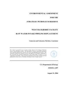 ENVIRONMENTAL ASSESSMENT FOR THE STRATEGIC PETROLEUM RESERVE WEST HACKBERRY FACILITY RAW WATER INTAKE PIPELINE REPLACEMENT