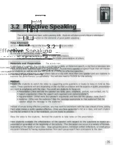 3.2 Effective Speaking This activity introduces basic public speaking skills. Students will observe and critique a videotaped speech as an introduction to the elements of good public speaking. Time Allotmentminute