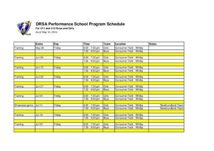 DRSA Performance School Program Schedule For U11 and U12 Boys and Girls As of May 14, 2014 Dates