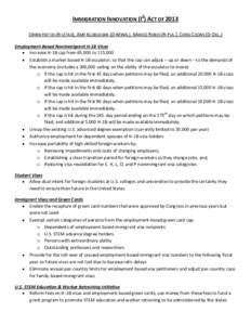 IMMIGRATION INNOVATION (I2) ACT OF 2013 ORRIN HATCH (R-UTAH), AMY KLOBUCHAR (D-MINN.), MARCO RUBIO (R-FLA.), CHRIS COONS (D-DEL.) Employment-Based Nonimmigrant H-1B Visas  Increase H-1B cap from 65,000 to 115,000  