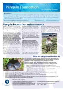 Penguin Foundation[removed]Autumn Edition Message from us Welcome to the autumn edition of the Penguin Foundation newsletter. In this edition we take you ‘behind-the-scenes’ of penguin research and