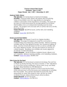 Choose to Read Ohio Grants Awarded: June 16, 2011 Project Period: July 1, 2011 – December 31, 2011 Andover Public Library Title Selected: B is for Buckeye by Marcia Schonberg Activities: Andover Public Library will par