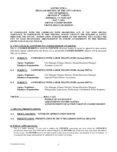 AGENDA FOR A REGULAR MEETING OF THE CITY COUNCIL CITY OF IMPERIAL 200 WEST 9TH STREET IMPERIAL, CA[removed]MAY 7, 2014