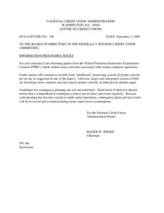 NATIONAL CREDIT UNION ADMINISTRATION WASHINGTON, D.C[removed]LETTER TO CREDIT UNIONS NCUA LETTER NO[removed]DATE: September 1,1989