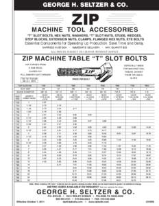 GEORGE H. SELTZER & CO. PRICE SHEET ZIP MACHINE TOOL ACCESSORIES “T” SLOT BOLTS, HEX NUTS, WASHERS, “T” SLOT NUTS, STUDS, WEDGES,