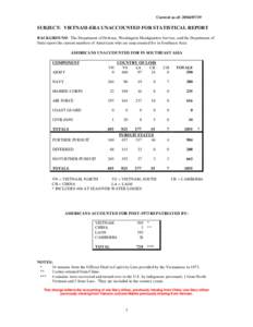 Current as of: [removed]SUBJECT: VIETNAM-ERA UNACCOUNTED FOR STATISTICAL REPORT BACKGROUND: The Department of Defense, Washington Headquarters Service, and the Department of State report the current numbers of America