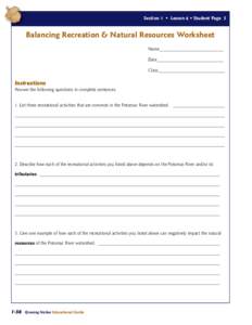 Section 1 • Lesson 4 • Student Page 5  Balancing Recreation & Natural Resources Worksheet Name__________________________ Date___________________________ Class___________________________