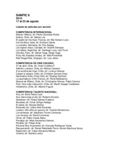 SANFIC[removed]al 23 de agosto Listado de películas por sección COMPETENCIA INTERNACIONAL Alamar; México, dir: Pedro González-Rubio