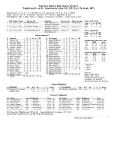 Hockey Game Box Score (Final) Dartmouth vs St. Lawrence (Jan 25, 2013 at Canton, NY) Dartmouth[removed], 7-5-2 ECAC) vs. St. Lawrence[removed], 9-3-1 ECAC) Date: Jan 25, 2013 • Location: Canton, NY • Arena: Appleton Ar