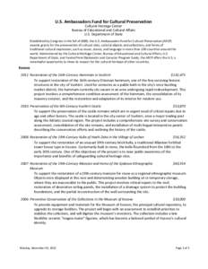 U.S. Ambassadors Fund for Cultural Preservation Cultural Heritage Center Bureau of Educational and Cultural Affairs U.S. Department of State Established by Congress in the fall of 2000, the U.S. 