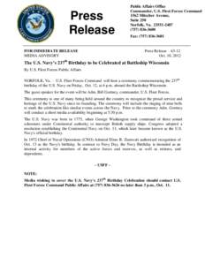 Press Release Public Affairs Office Commander, U.S. Fleet Forces Command 1562 Mitscher Avenue,