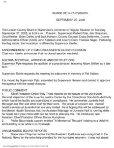 clerk  BOARD OF SUPERVISORS SEPTEMBER 27, 2005  The Lassen County Board of Supervisors convenes in Regular Session on Tuesday,