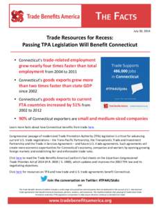  July	
  30,	
  2014	
    Trade	
  Resources	
  for	
  Recess:	
  	
   Passing	
  TPA	
  Legislation	
  Will	
  Benefit	
  Connecticut	
    	
  