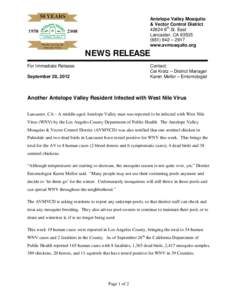 NEWS RELEASE For Immediate Release Antelope Valley Mosquito & Vector Control District[removed]6th St. East