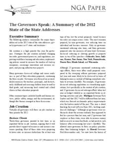NGA Paper The Governors Speak: A Summary of the 2012 State of the State Addresses Executive Summary  The following analysis summarizes the major topics